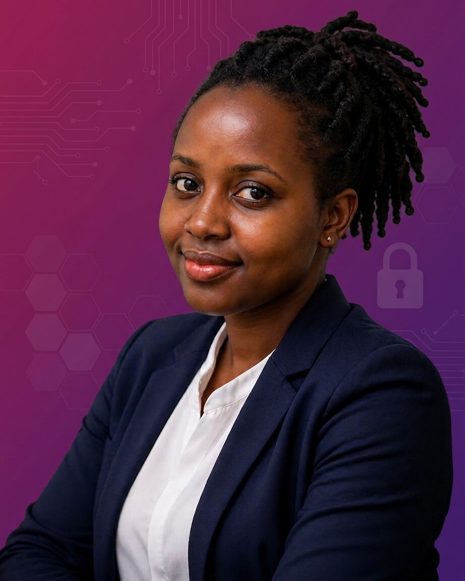 Ugandan woman cybersecurity professional with digital network visualization